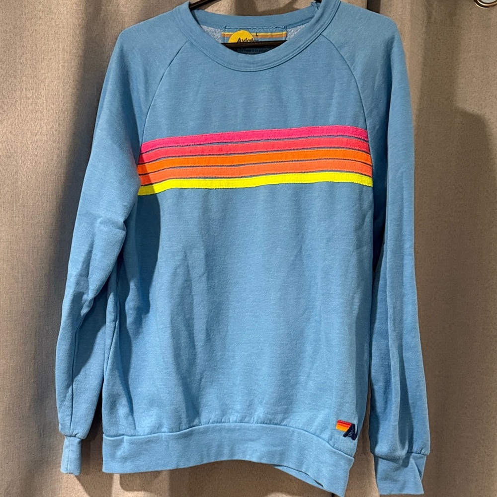 Aviator Nation Blue Crew Neck Sweater with Rainbow Stripes
